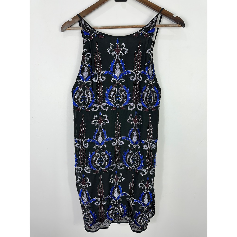 Francescas Beaded Sheer Overlay Dress S Black Blue Whimsigoth Art Deco Y2K